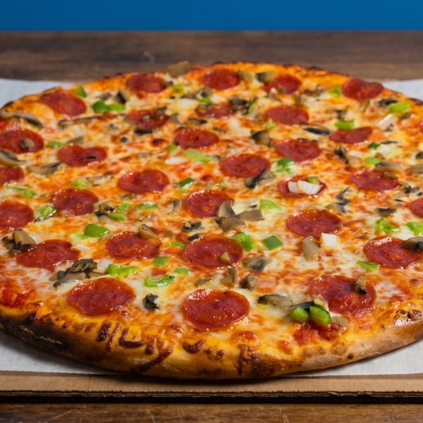 A whole pepperoni, mushroom, and green pepper pizza on a cardboard tray.