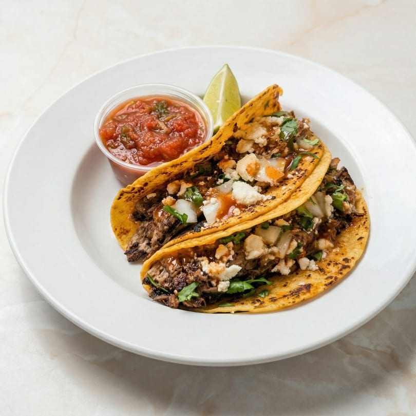 Two street tacos with meat, cheese, onions, cilantro, and sauce, served with salsa and lime.