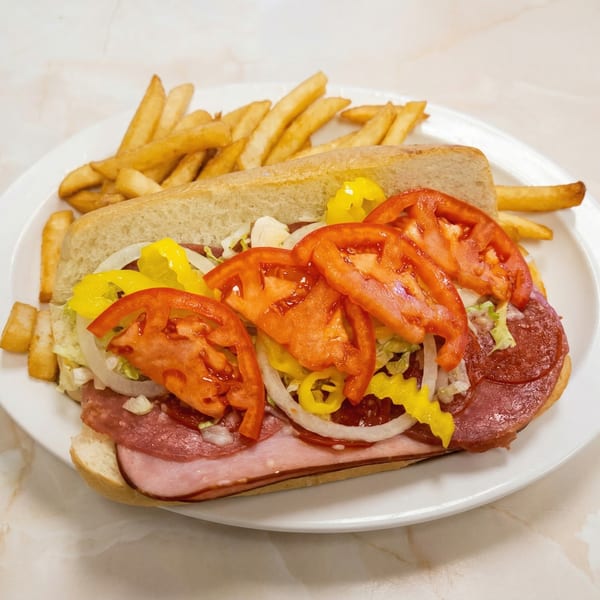 A large Italian sub sandwich with fries on a white plate, showcasing meats, cheese, and vegetables.