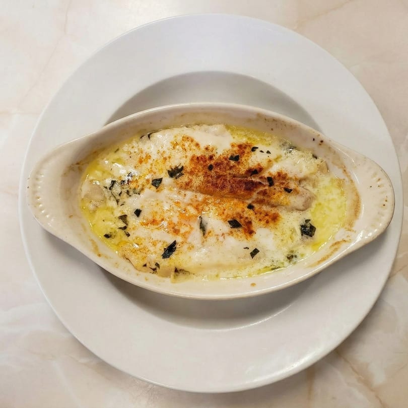 A baked dish with melted cheese, herbs, and a golden crust in an oval white ramekin.